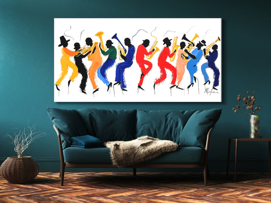 Colorful silhouette brass band canvas print, vibrant jazz parade artwork above sofa in modern living room.