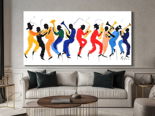Colorful silhouette brass band wall art, vibrant jazz parade artwork above sofa in modern living room.