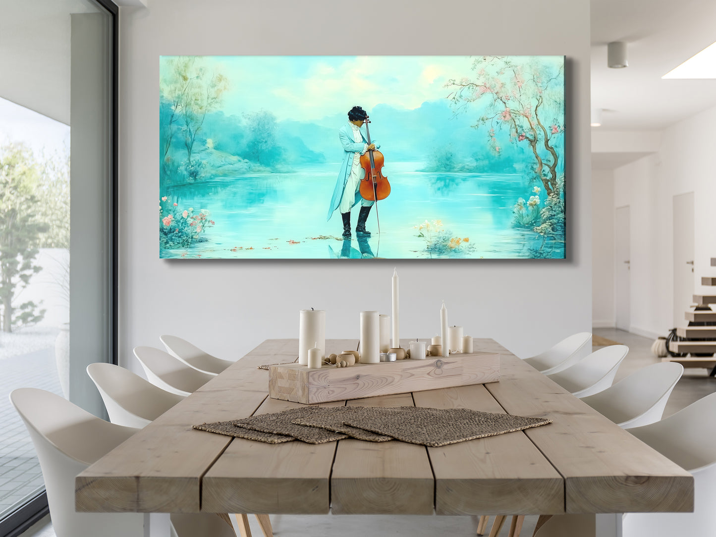 Contemporary Artwork depicting a serene pastel fantasy of a romantic cello by the lake, adorning a modern dining area with minimalist decor