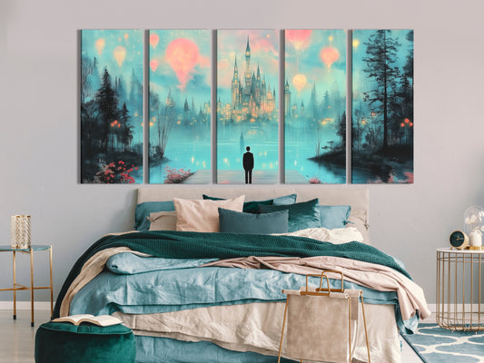 Dreamy castle hot air balloons canvas print in fantasy nightscape, multi-panel artwork above a bed in a bedroom setting
