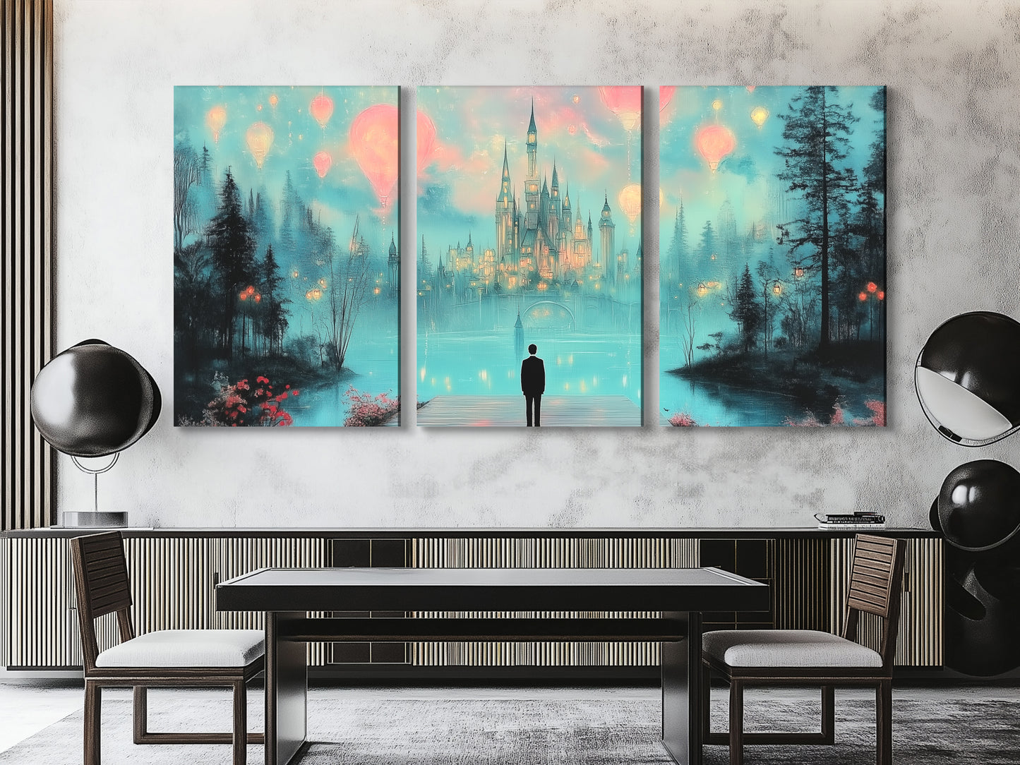 Dreamy castle hot air balloons canvas print in fantasy nightscape, multi-panel artwork above a dining table in a modern dining room setting