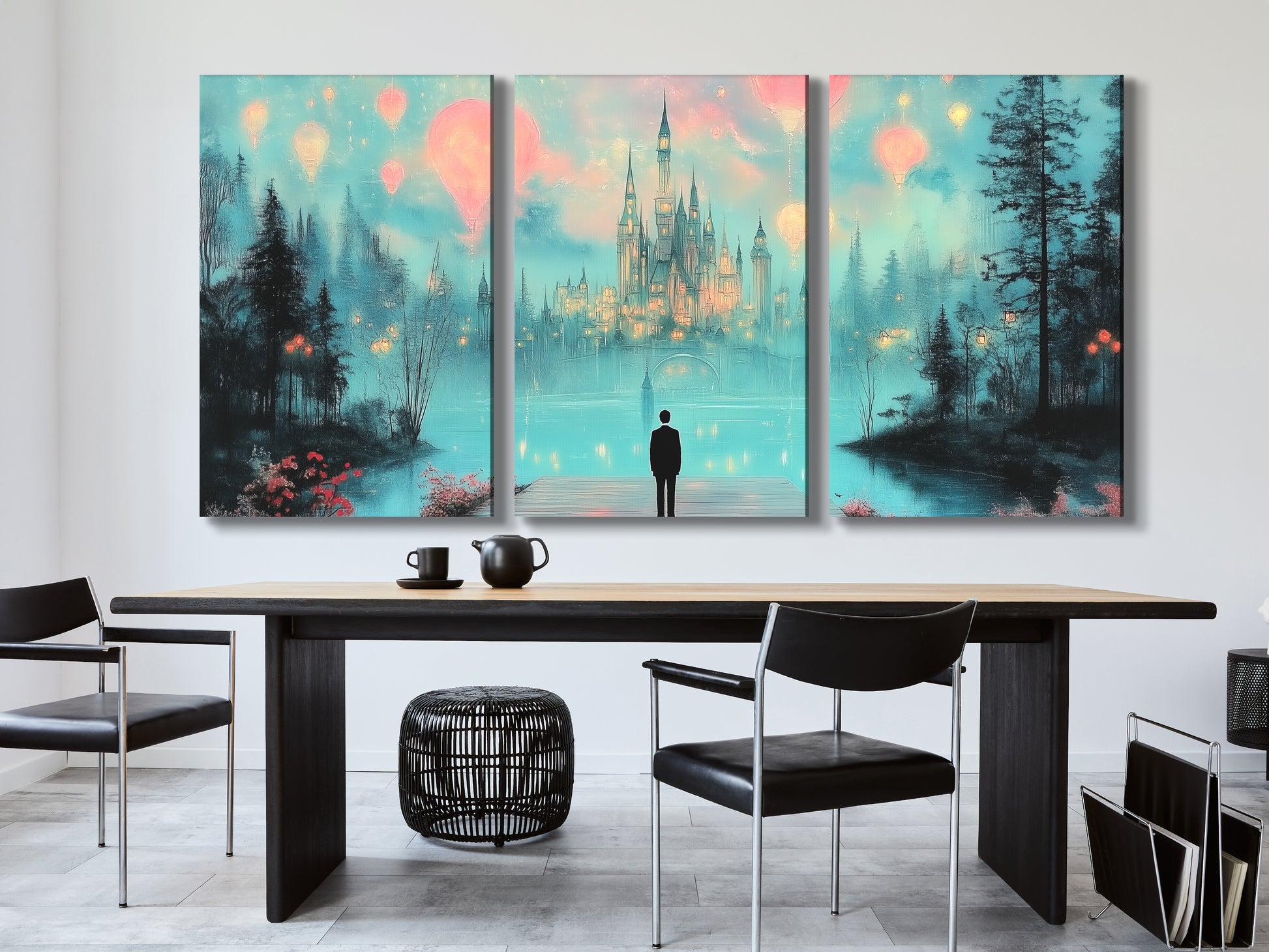 Dreamy castle hot air balloons canvas print in fantasy nightscape, multi-panel artwork above a dining table in a modern dining room setting