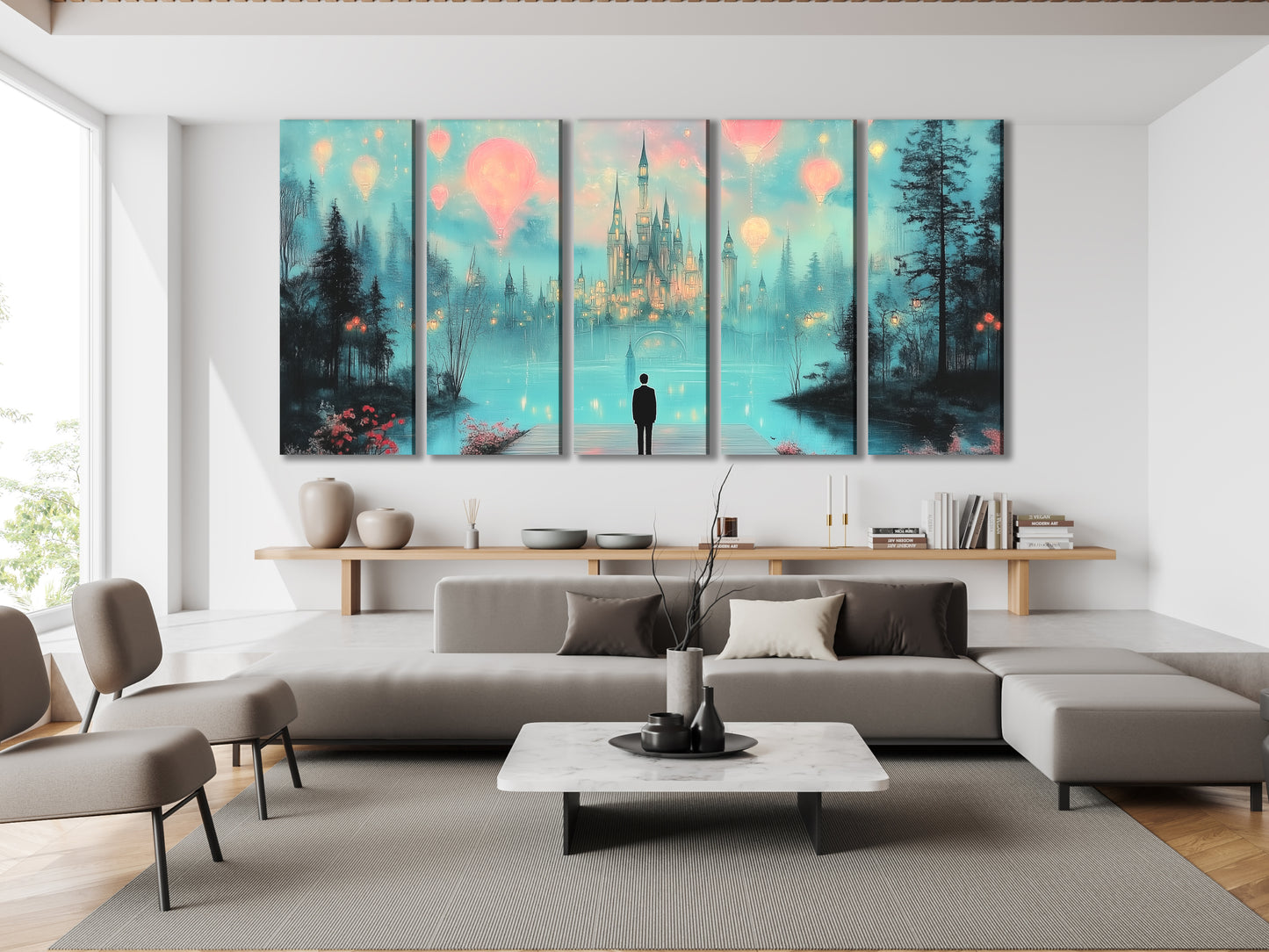 Dreamy castle hot air balloons canvas print in fantasy nightscape, multi-panel artwork above a sofa in a living room setting
