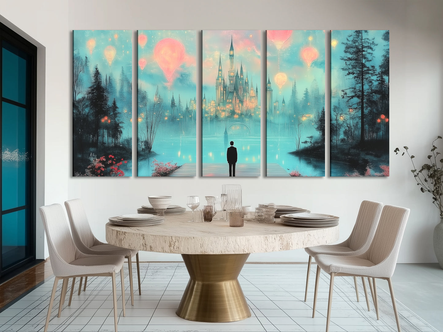 Dreamy castle hot air balloons canvas print in fantasy nightscape, multi-panel artwork above a sofa in a living room setting