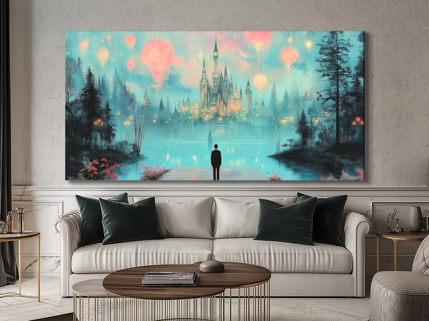 Dreamy castle hot air balloons canvas print in fantasy nightscape, single-panel artwork above a sofa in a living room setting