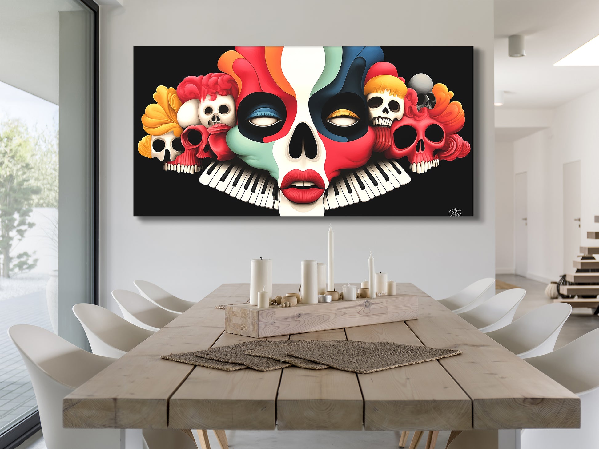 Edgy canvas art combining gothic skulls and a keyboard motif in bold colors.