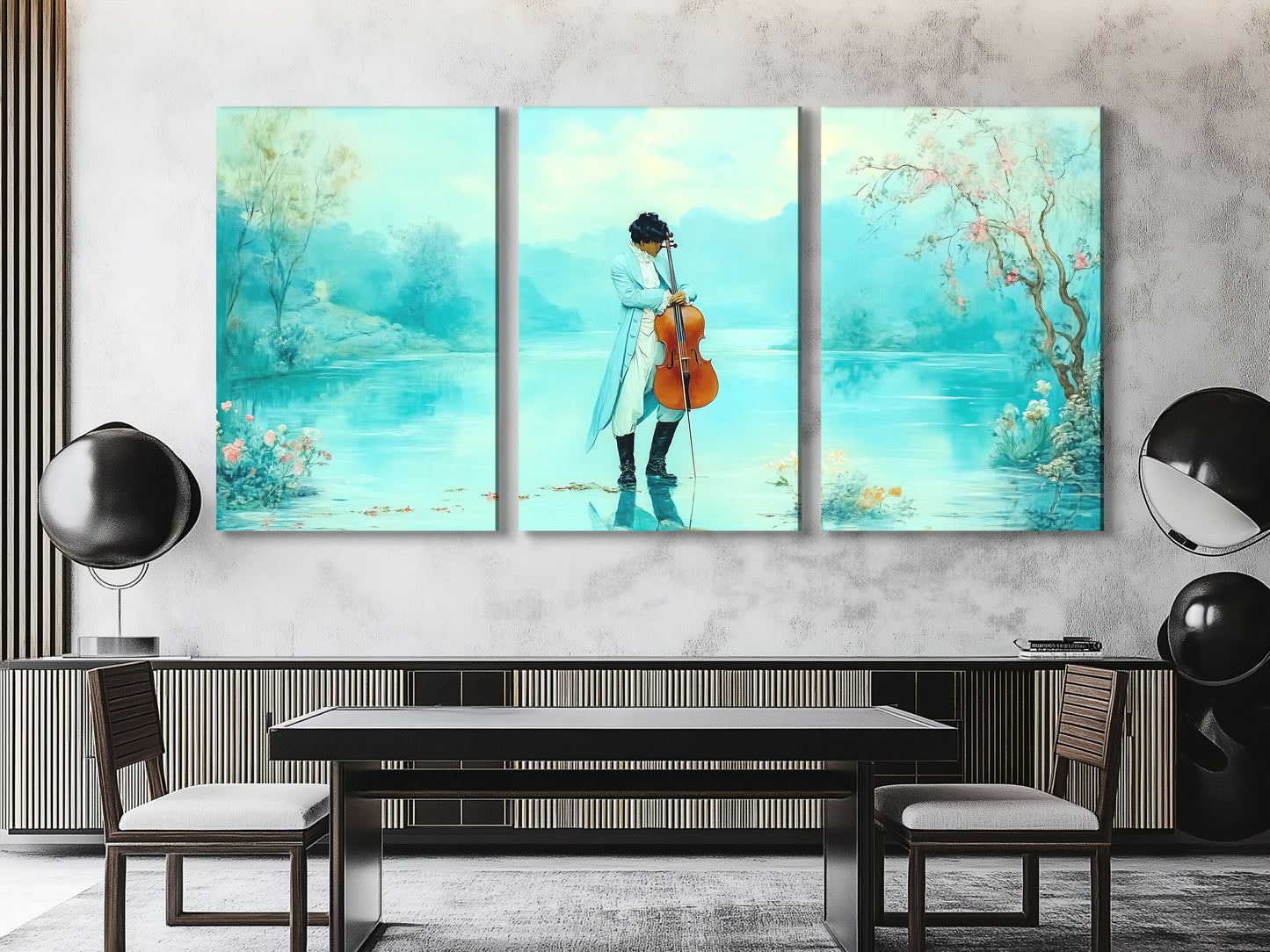 Elegant Painting depicting a serene pastel fantasy of a romantic cello by the lake, enhancing a modern dining area with sophisticated decor