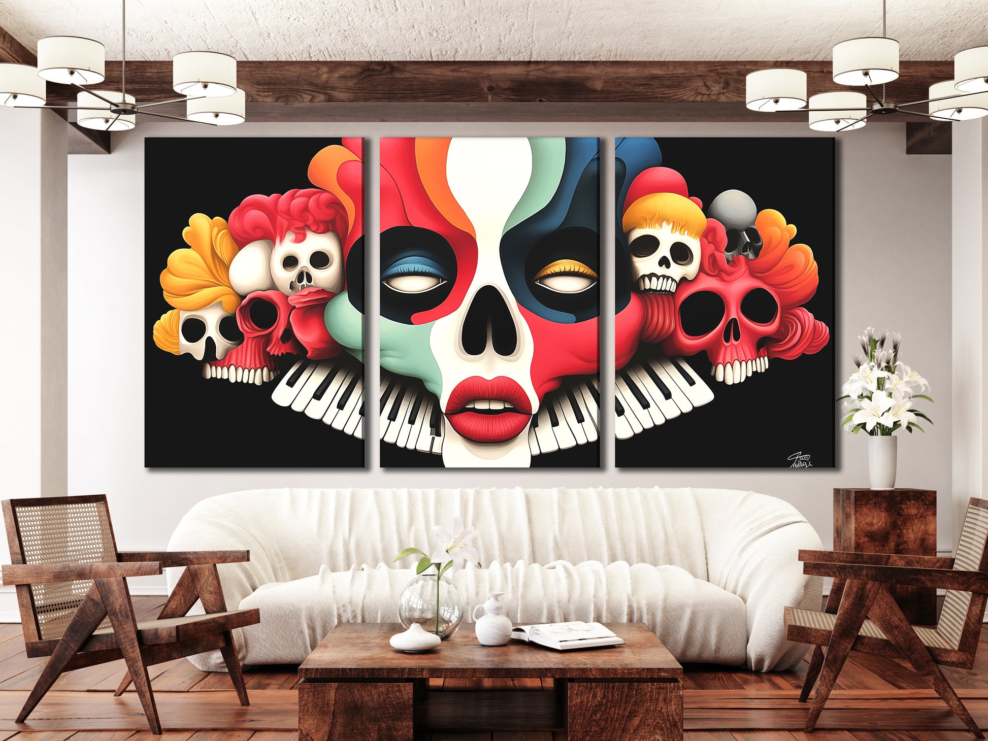 Eye-catching wall decor of multiple skulls morphing into piano keys, bursting with color.