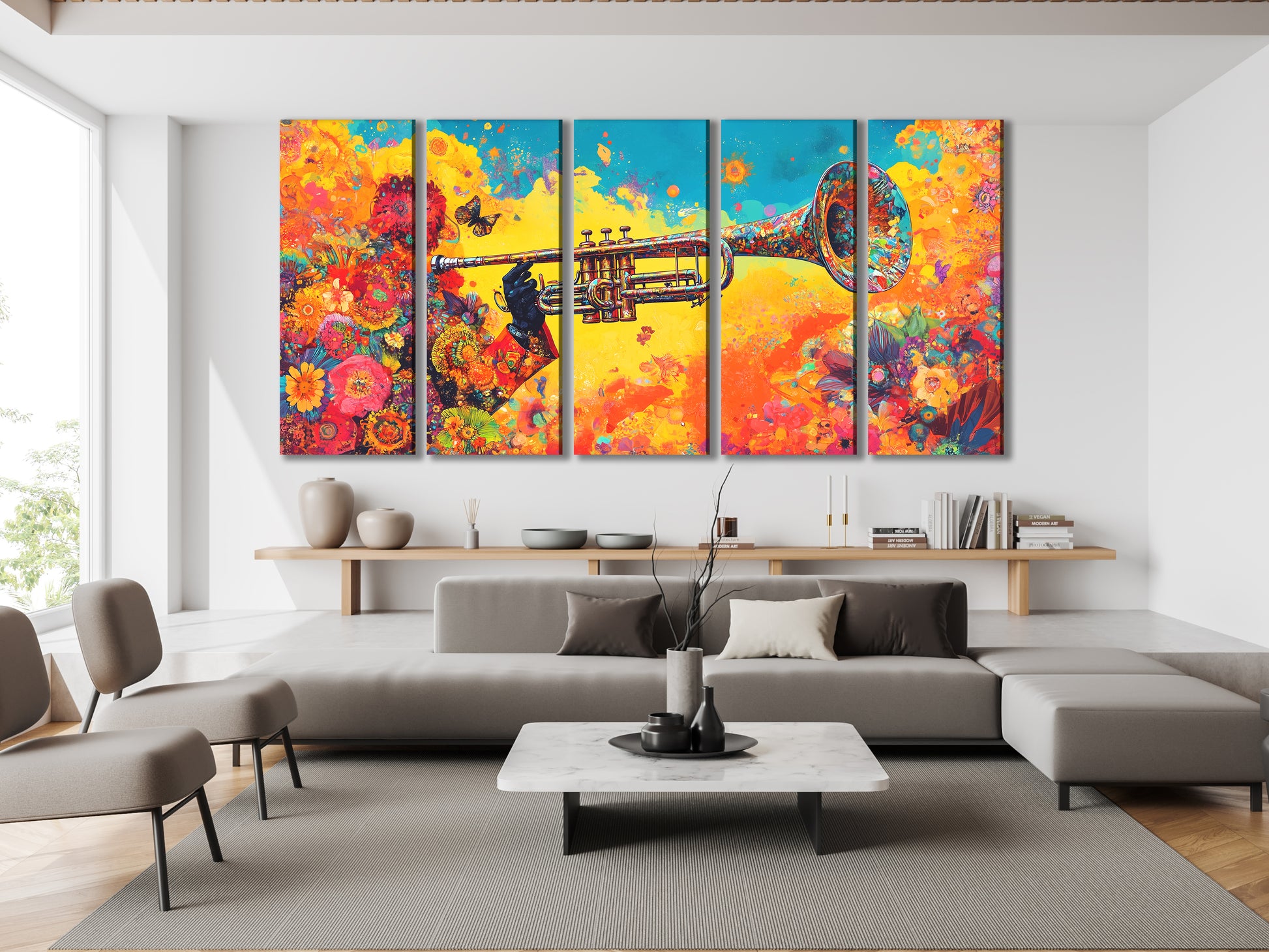 Floral trumpet multi-panel wall art with vibrant colors above a sofa in a modern living room.