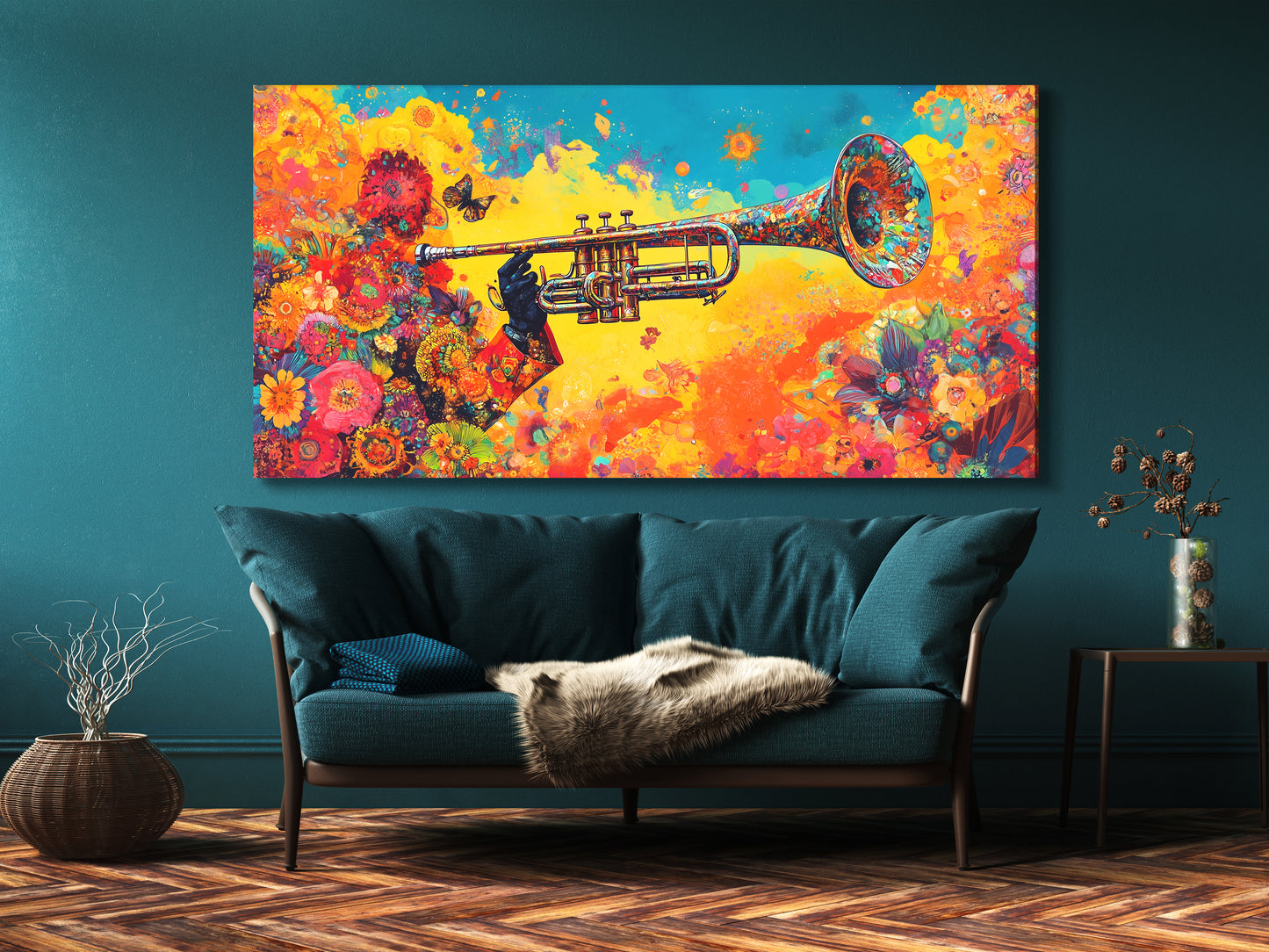 Floral trumpet multi-panel wall art with vibrant colors above a sofa in a modern living room