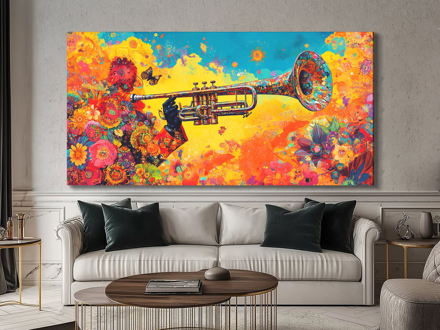 Floral trumpet multi-panel wall art with vibrant colors above a sofa in a modern living room