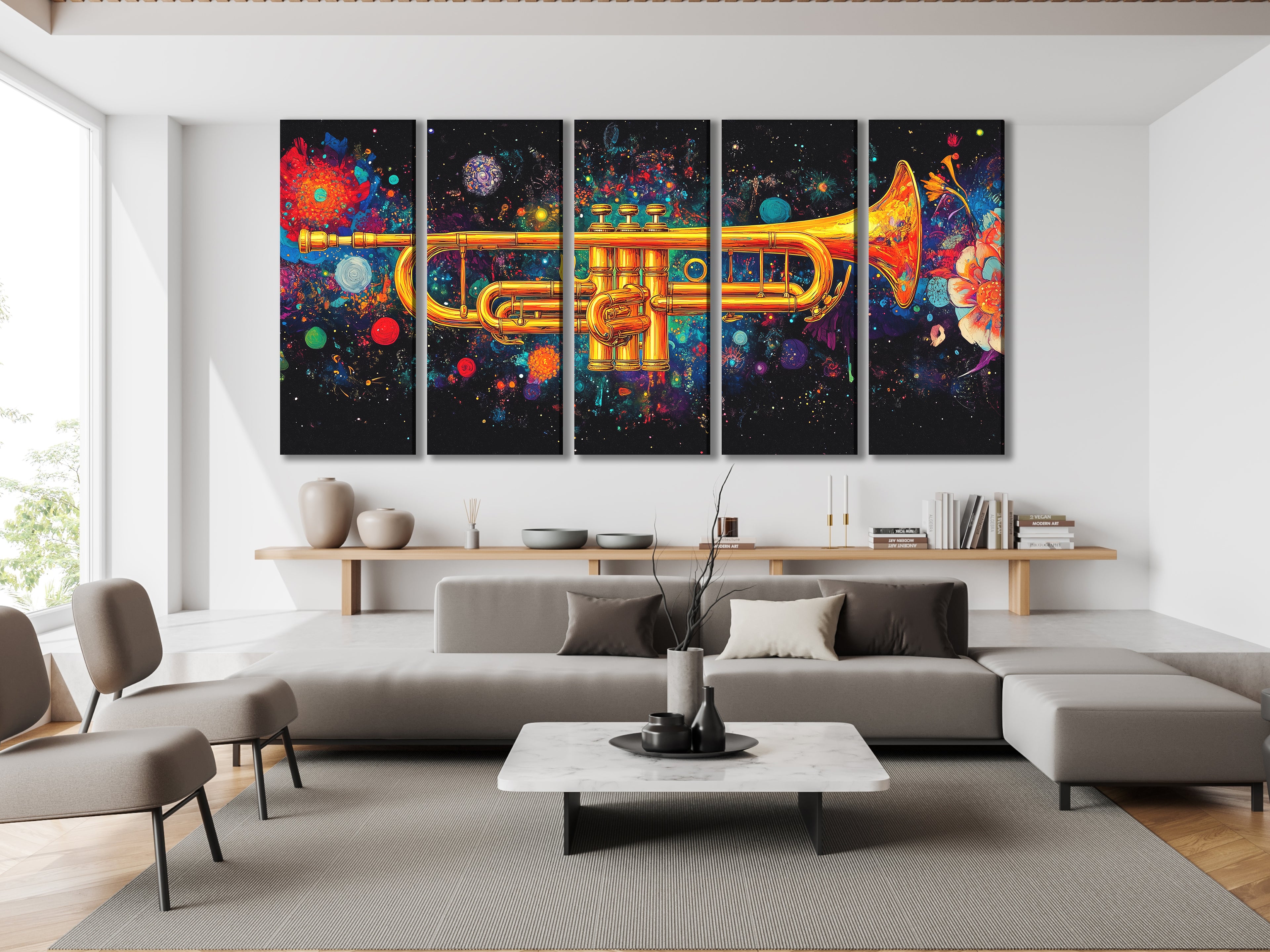 Galactic trumpet multi-panel wall art with vibrant cosmic colors above a sofa in a modern living room