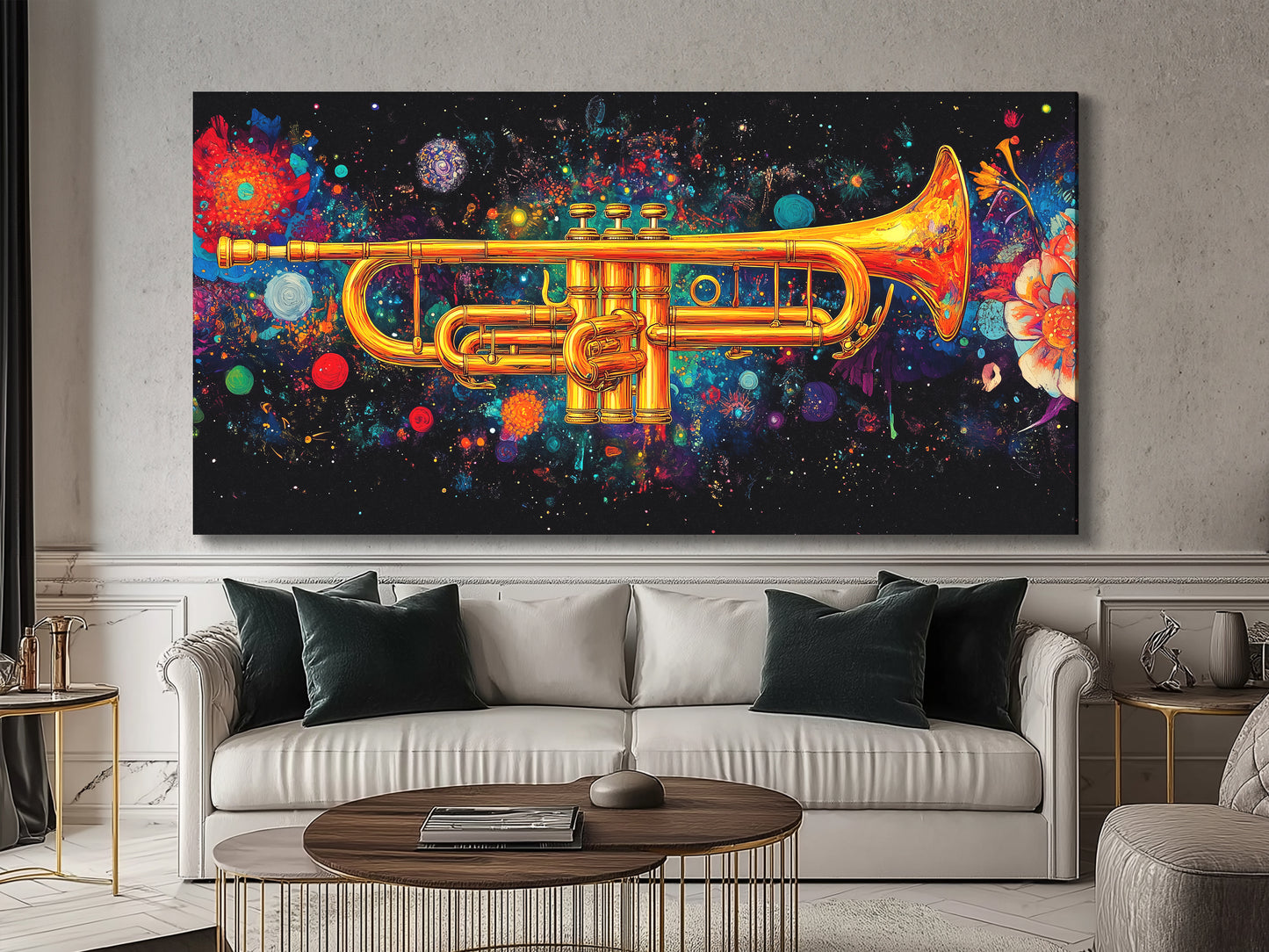 Galactic trumpet wall art in cosmic jazz style, vibrant single-panel artwork above a sofa in a modern living room
