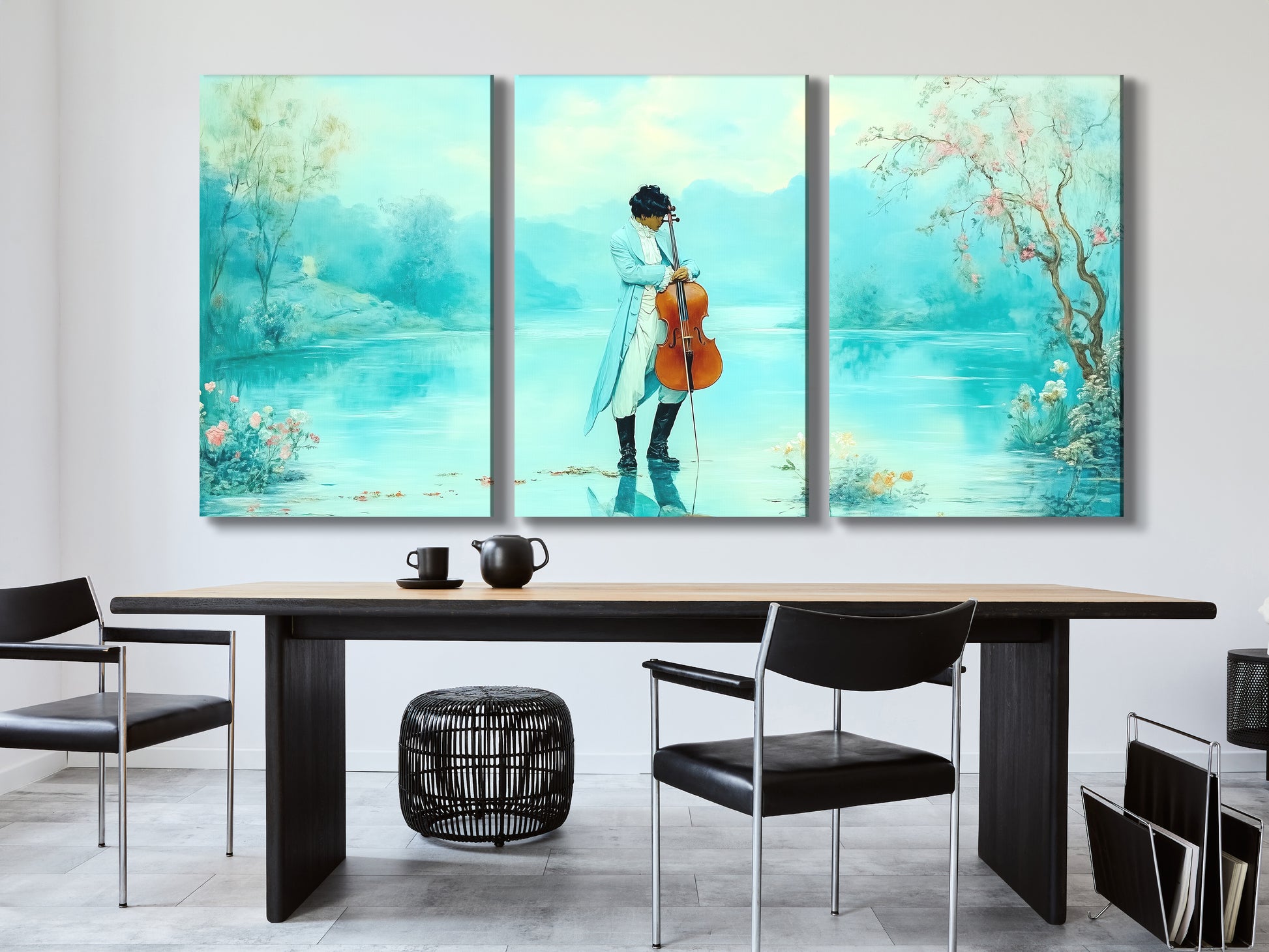 Minimalist Wall Decor featuring a serene pastel fantasy of a romantic cello by the lake, enhancing a modern dining space with sleek design