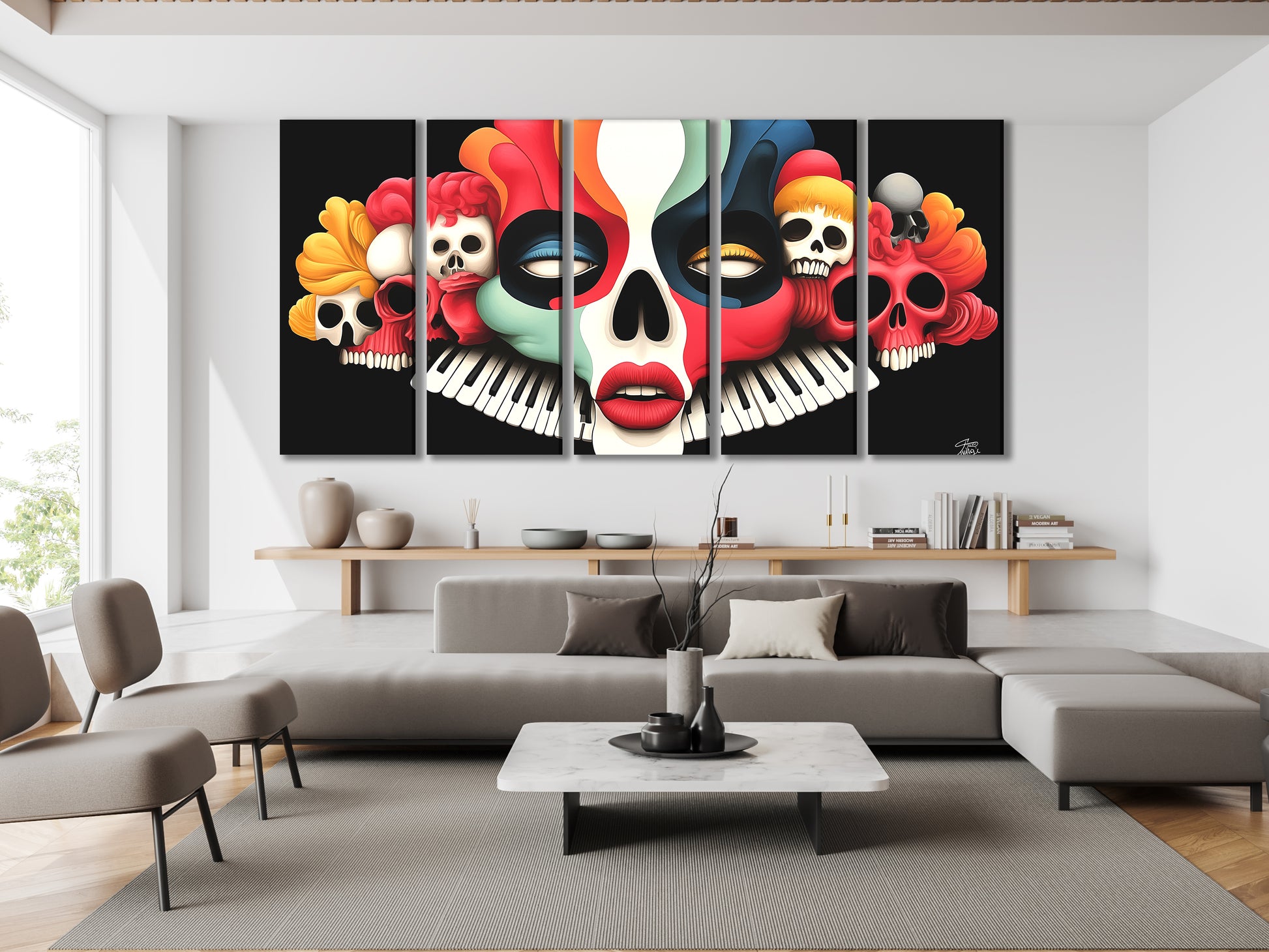 Multiple prints showcasing colorful skull elements tied together by piano keys