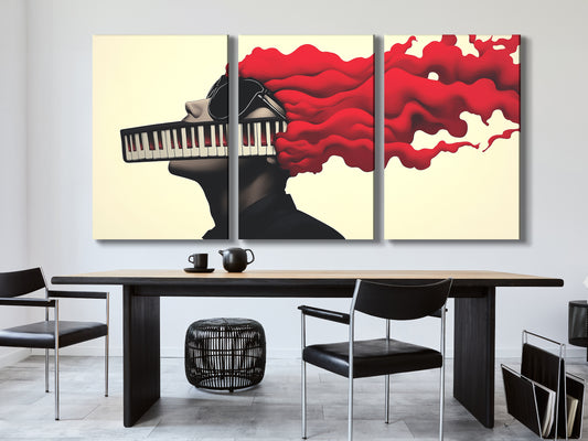 Music-inspired art print illustrating a stylized portrait with piano keys for a mouth.