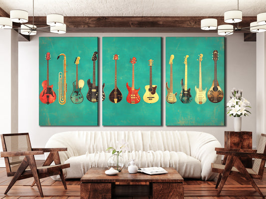 Playful wall decor celebrating musical variety with classic guitar silhouettes.