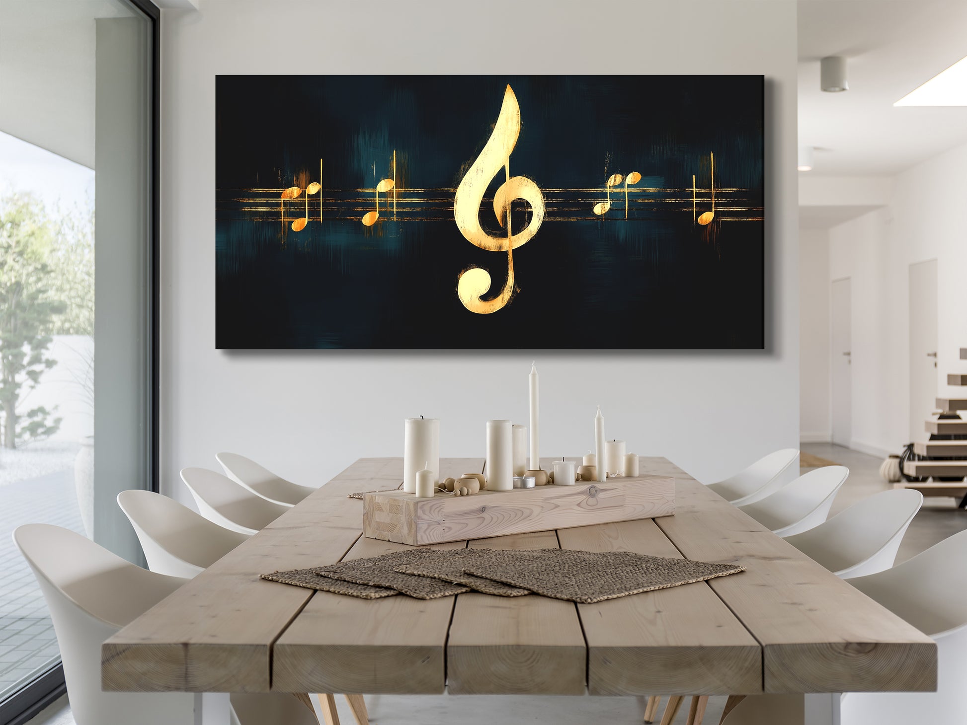 Refined music-themed canvas art depicting a bold gold clef and matching notes.