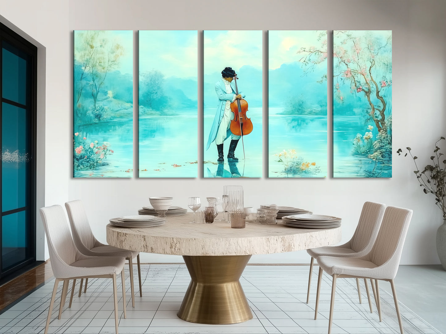 Serene Art Print: Romantic Cello by the Lake in Pastel Fantasy Setting