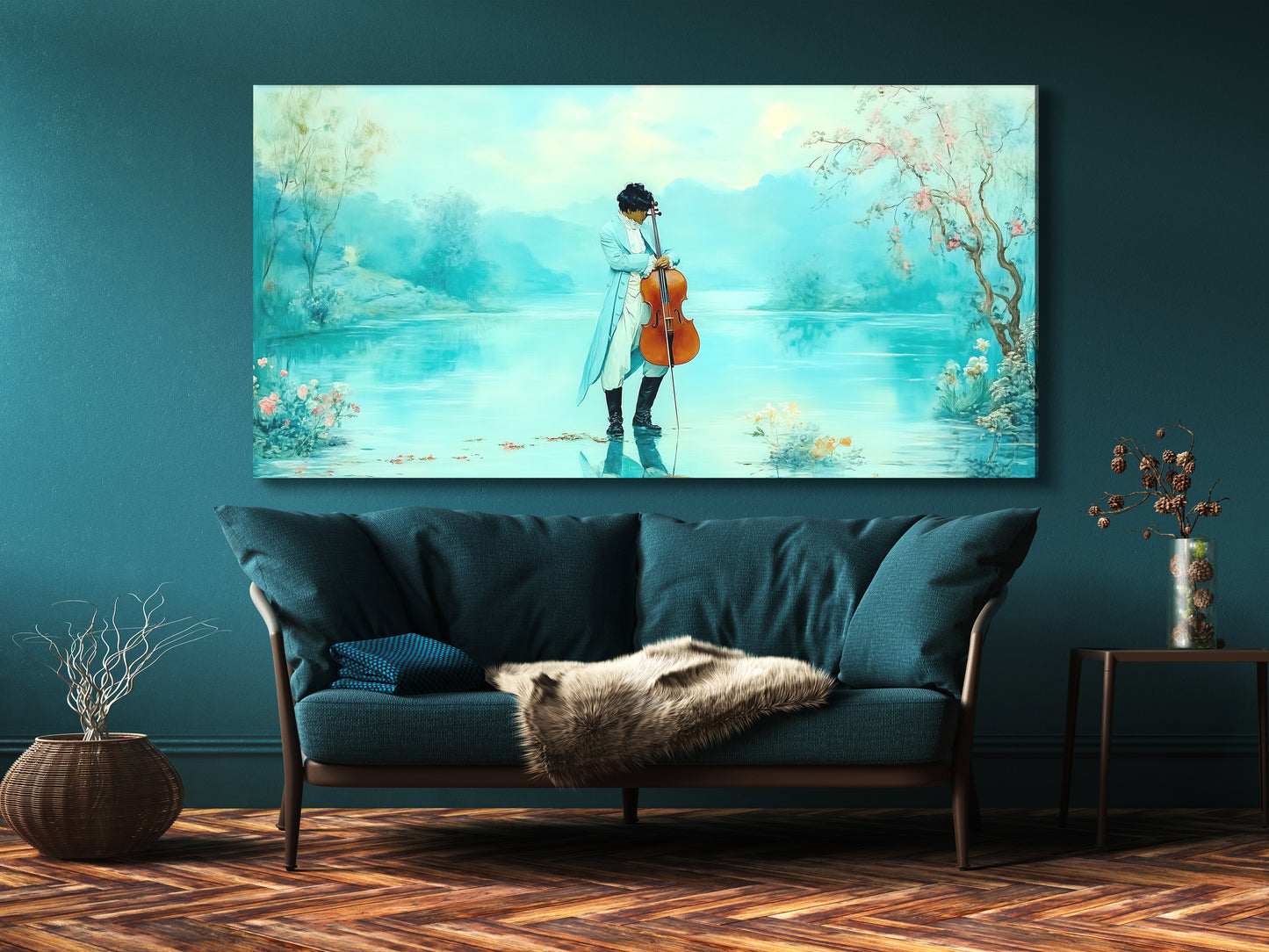 Romantic Cello by the Lake Canvas Print – Serene Pastel Fantasy Artwork, Dreamy Musical Decor in Cozy Living Room