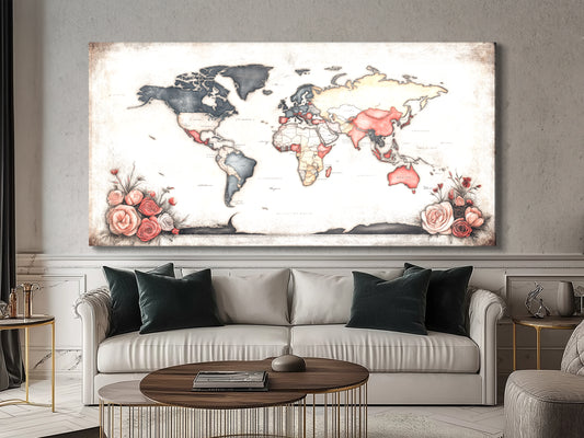 Shabby chic wall art featuring a global map design accented by soft floral details.