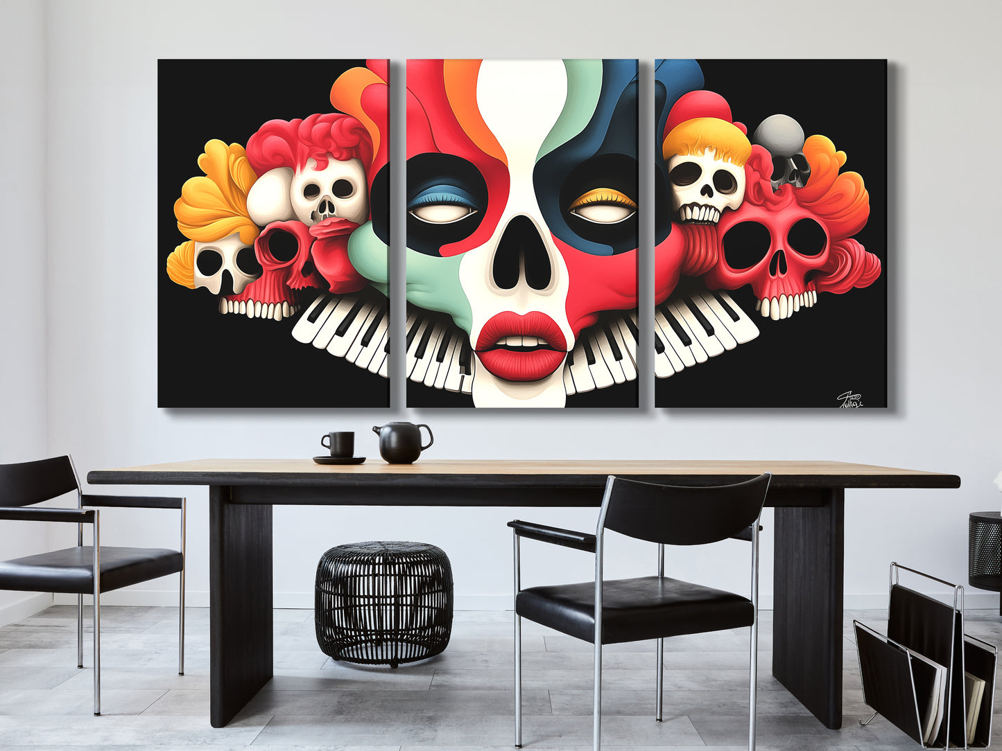 Skull keyboard art print highlighting a surreal fusion of gothic and pop-art styles.