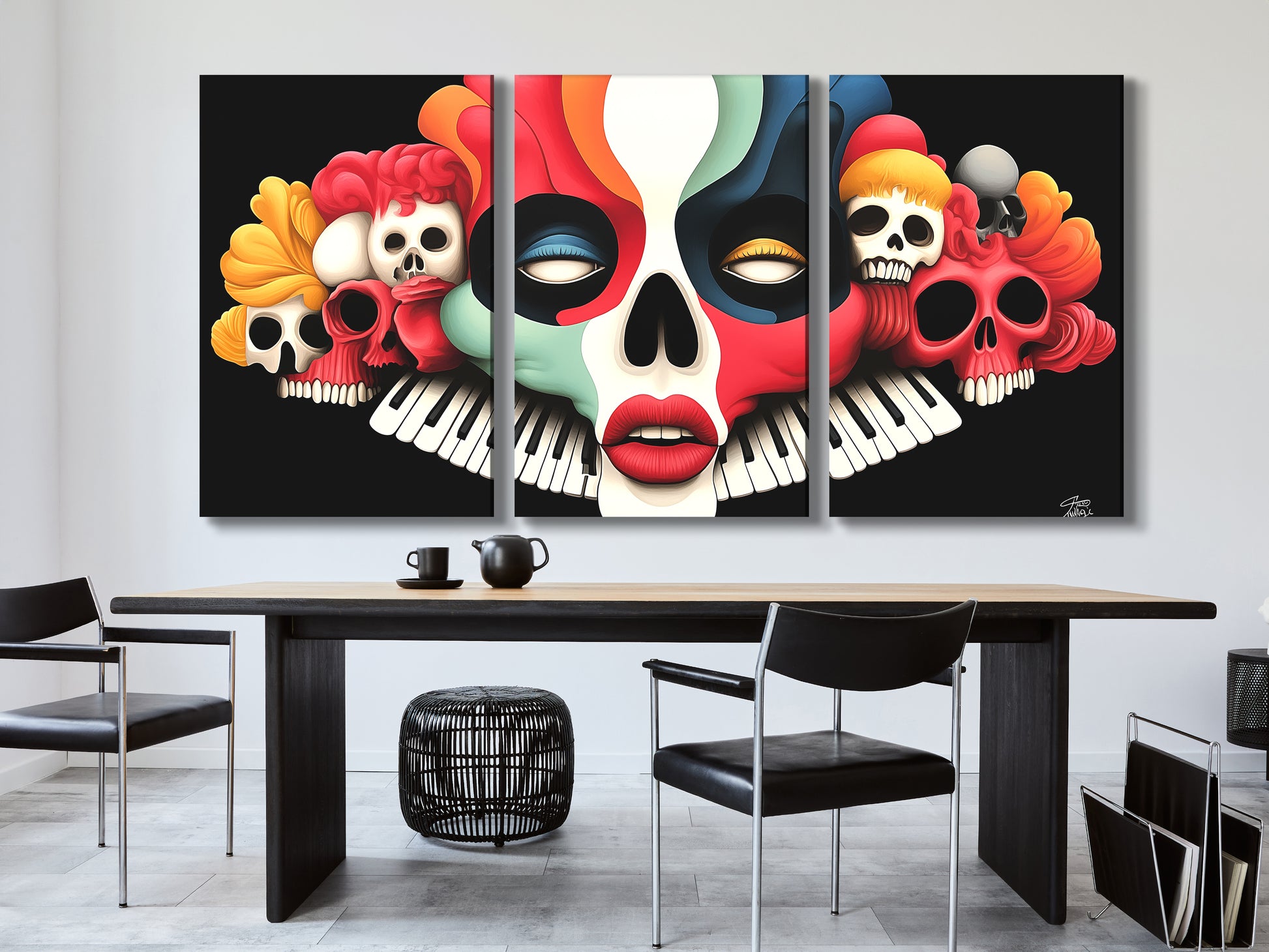 Skull keyboard art print highlighting a surreal fusion of gothic and pop-art styles.