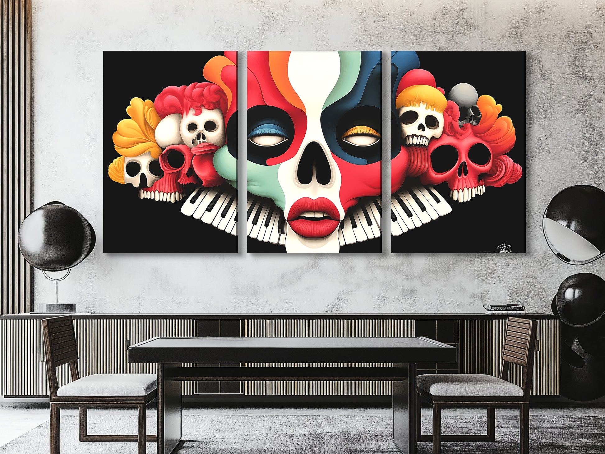 Striking skull-themed piece merging music and vivid hues for a daring statement.
