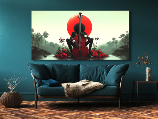 Surreal cello player canvas print featuring a bold red sun and tropical accents.