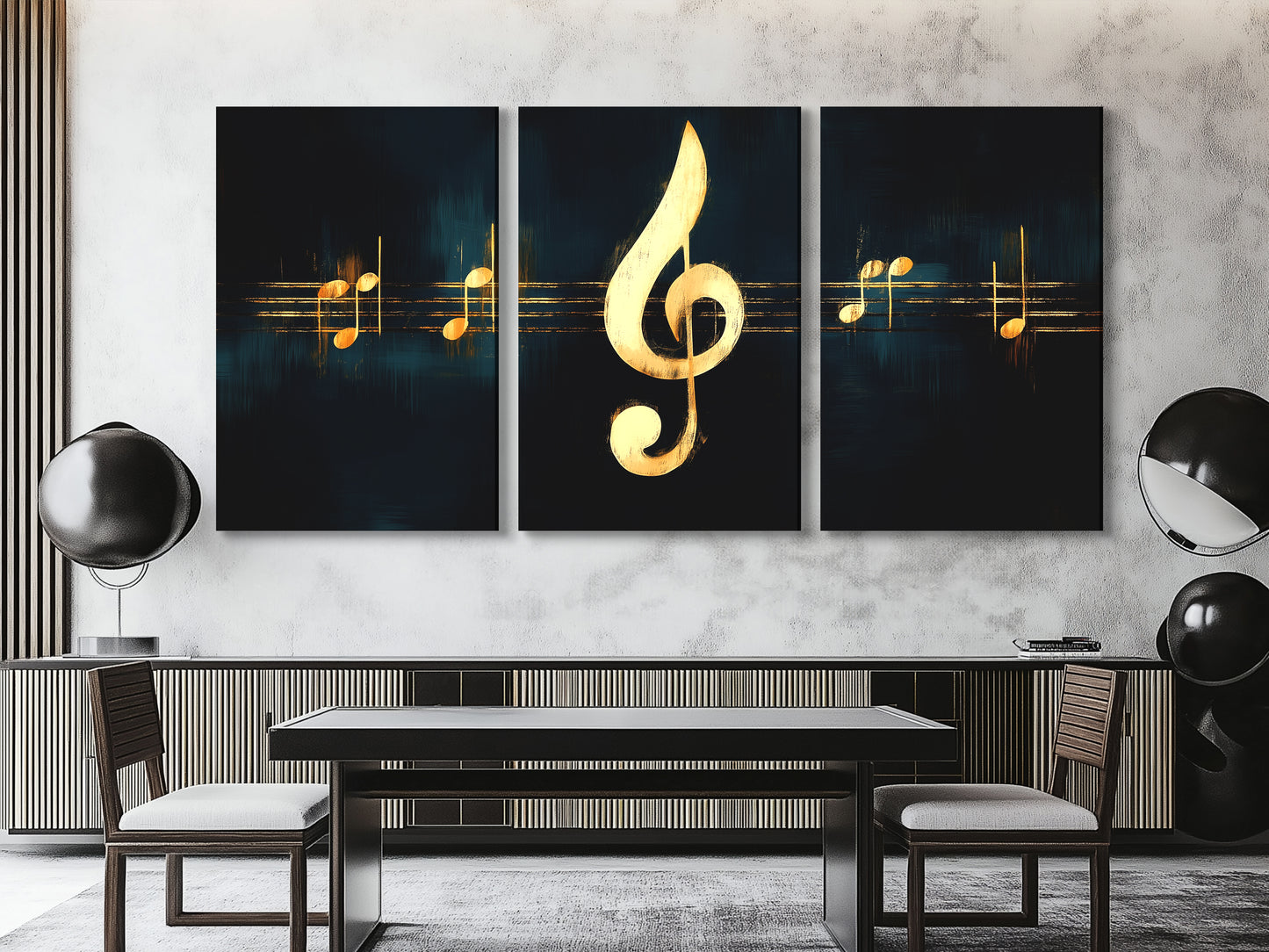 Timeless artwork spotlighting a sleek gold treble clef against a dramatic backdrop.