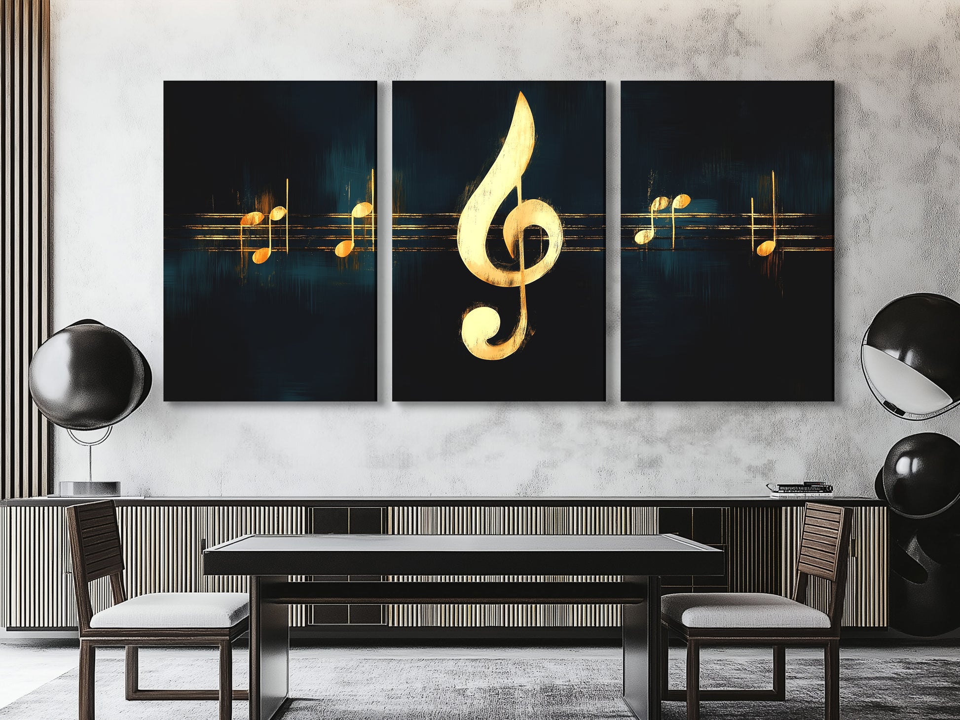 Timeless artwork spotlighting a sleek gold treble clef against a dramatic backdrop.