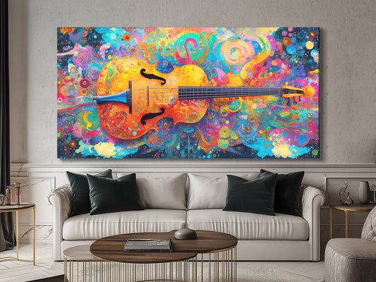 Vibrant abstract cello canvas print with swirling colors, hung above a sofa in a living room setting