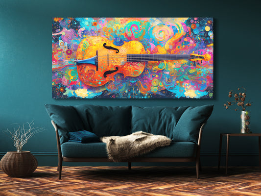 Vibrant psychedelic cello canvas print with swirling colors, hung above a sofa in a living room setting