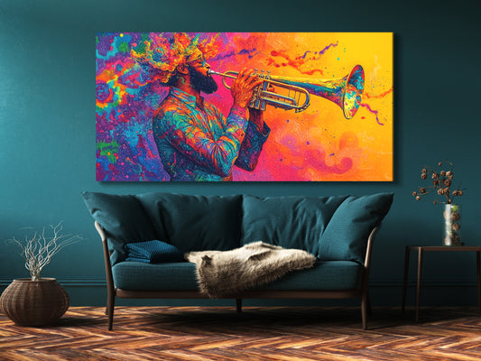 Vibrant trumpet player canvas art in psychedelic jazz fusion style, colorful single-panel artwork above a sofa in a modern living room