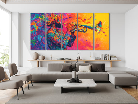 Vibrant trumpet player canvas print in psychedelic jazz fusion style, colorful multi-panel artwork above a sofa in a modern living room