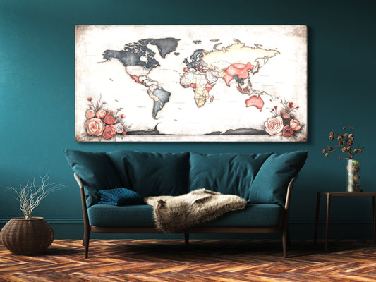 Vintage world map canvas print with pink roses and an antique parchment background.