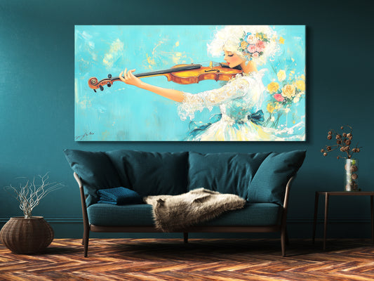 Painting of a violinist in a floral dress playing violin, displayed above a sofa in a living room.