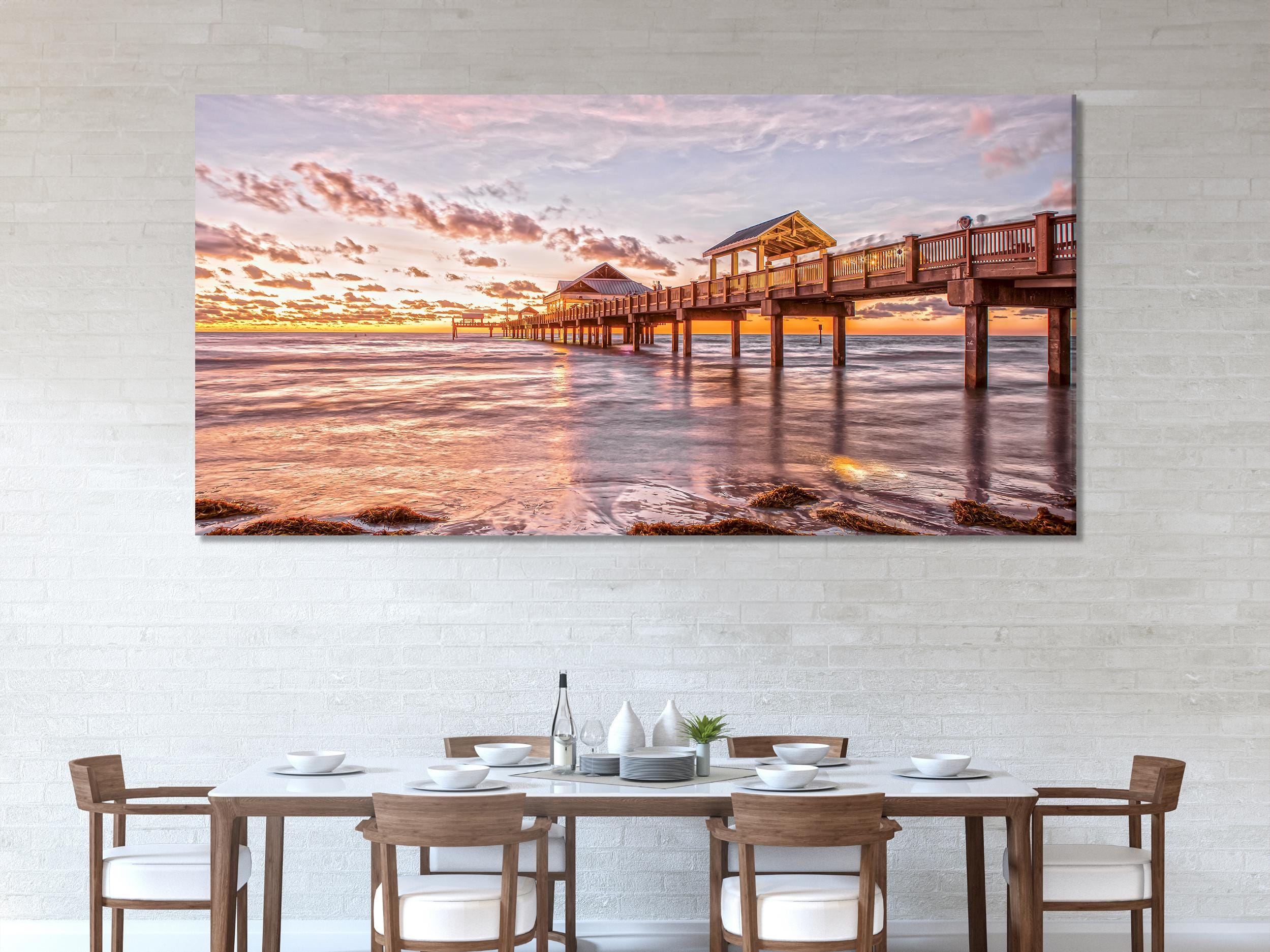 Grote canvasprint van Clearwater Beach Pier, wandkunst met zonsondergang in Florida, extra groot kunstwerk van zeegezicht, canvasprint van Ocean Pier voor kusthuisdecoratie