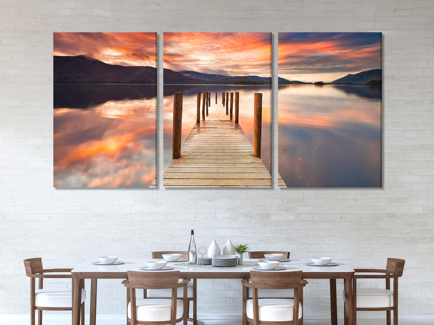 Lake District Jetty Canvas Print, Derwent Water Sunset Wall Art, Large 3 Panel Landscape, England Lake Scene Artwork, Scenic Nature Canvas