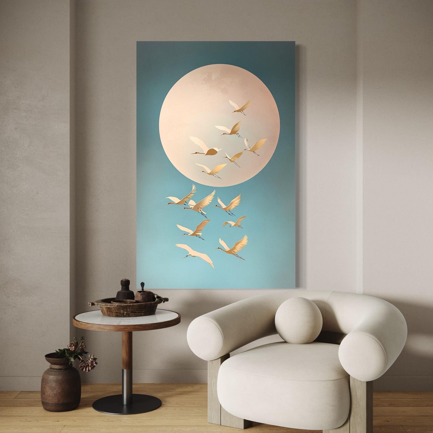 Zen Bedroom Wall Art Beige Moon Art Pastel Canvas Prints Tsuru Birds Print Spring Prints Sky Blue Japanese Cranes Wall Art Large Japandi Art