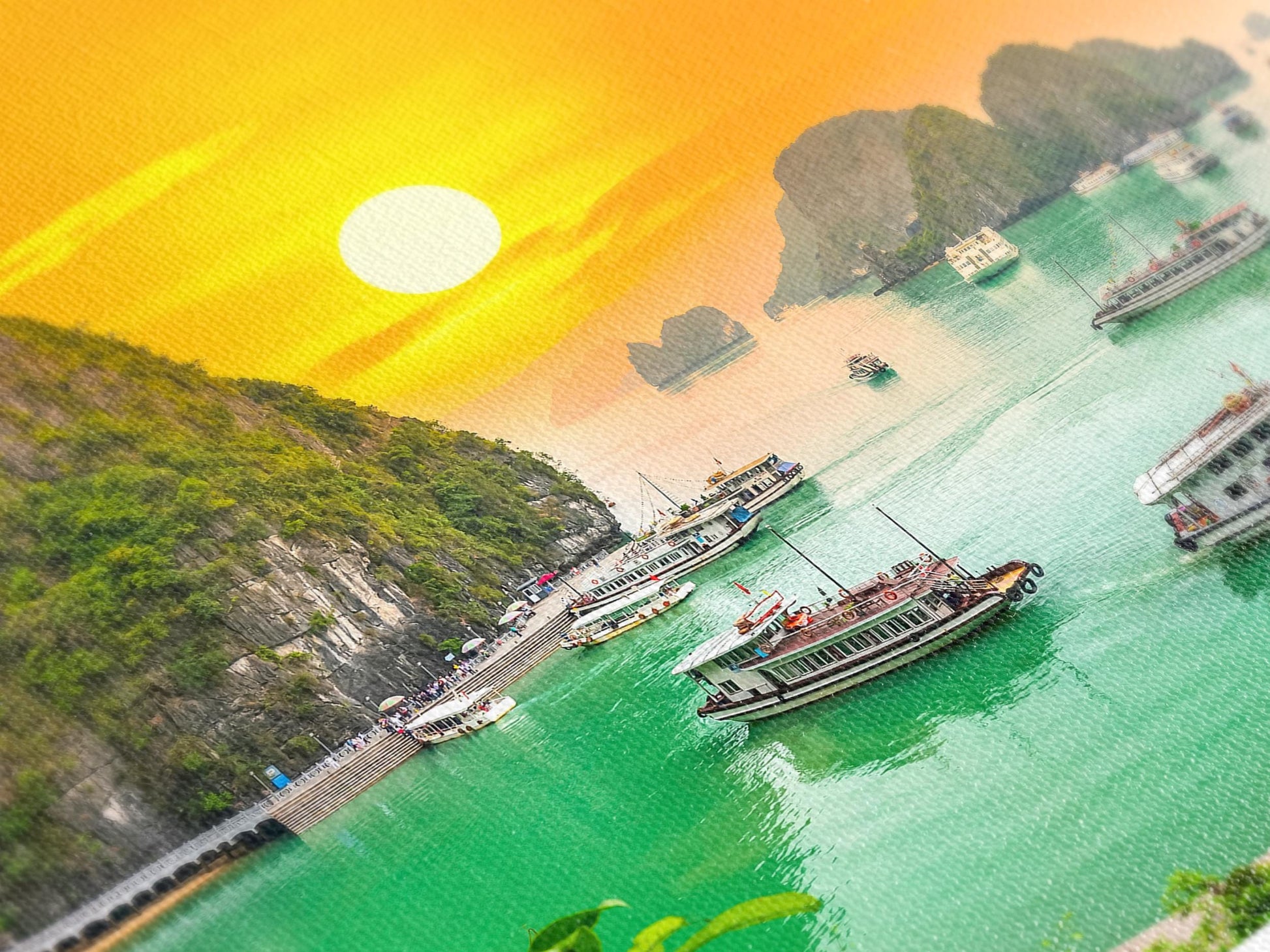 Sunlit seascape canvas print displaying green waters, tall rock formations, and sailing vessels.