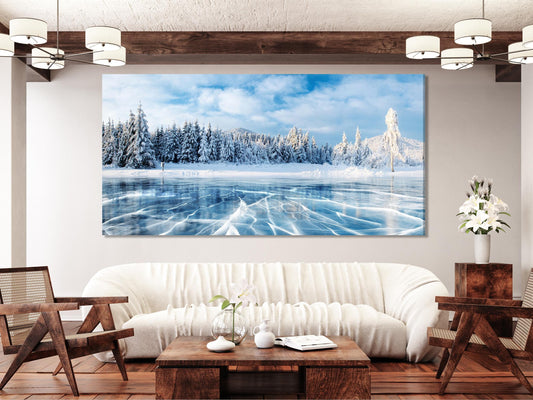 Frozen Lake Winter Landscape Canvas Print – Large Snowy Forest Wall Art, Icy Nature Scene, Winter Landscape Decor for Living Room or Office