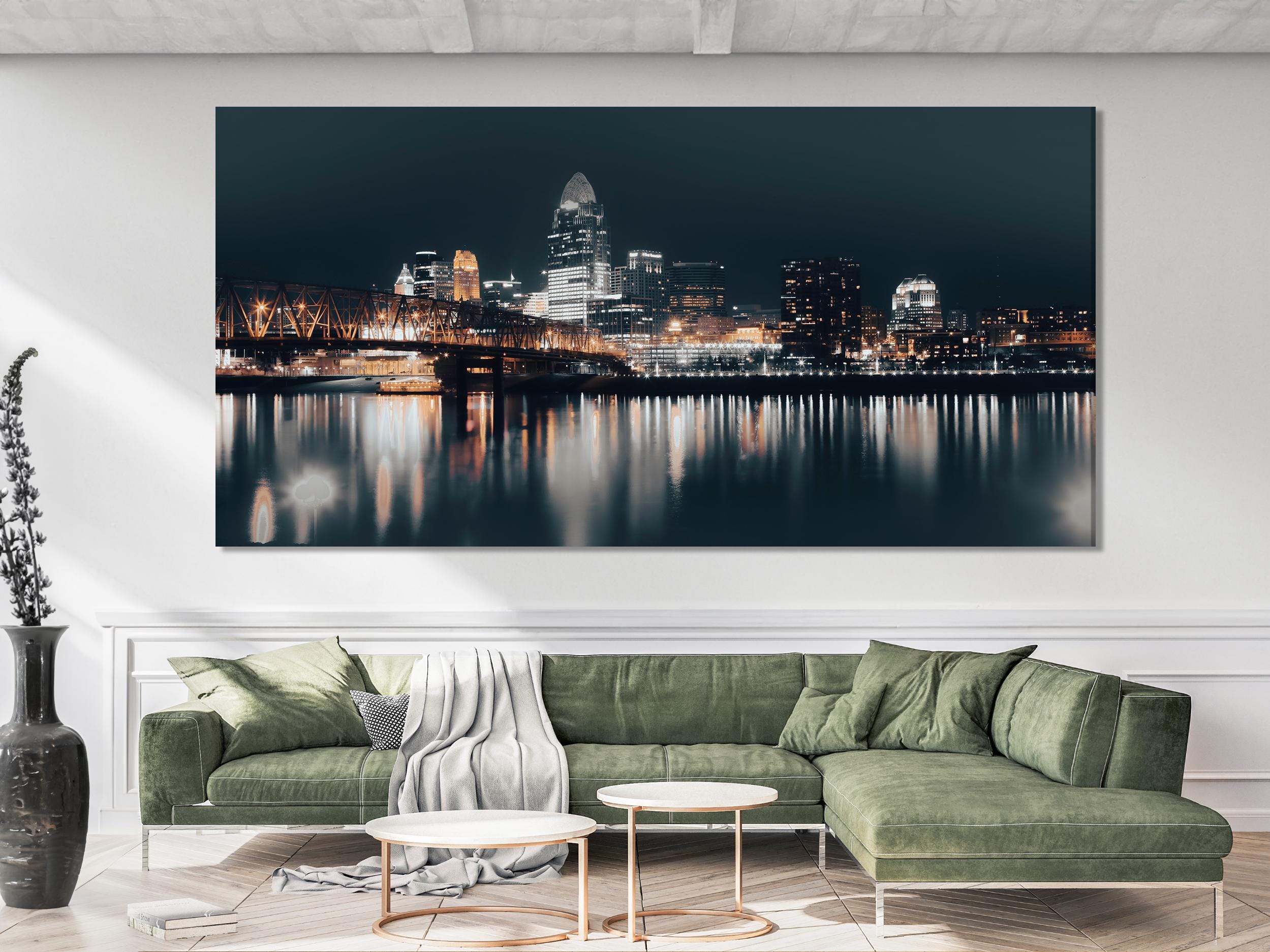 Œuvre murale Skyline de Cincinnati - Grand tirage sur toile de Cincinnati, œuvre surdimensionnée du pont sur le fleuve Ohio, Art moderne - Décoration intérieure contemporaine