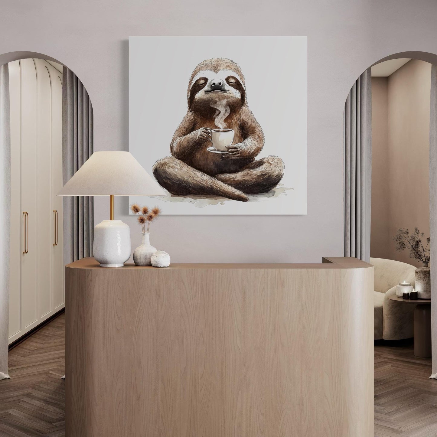 Arte de la pared de café - Arte de lona de perezosos, obras de arte de animales divertidas, decoración acogedora de la cafetería, estampado de arte de perezoso lindo, arte de la pared de café, estampado de café moderno
