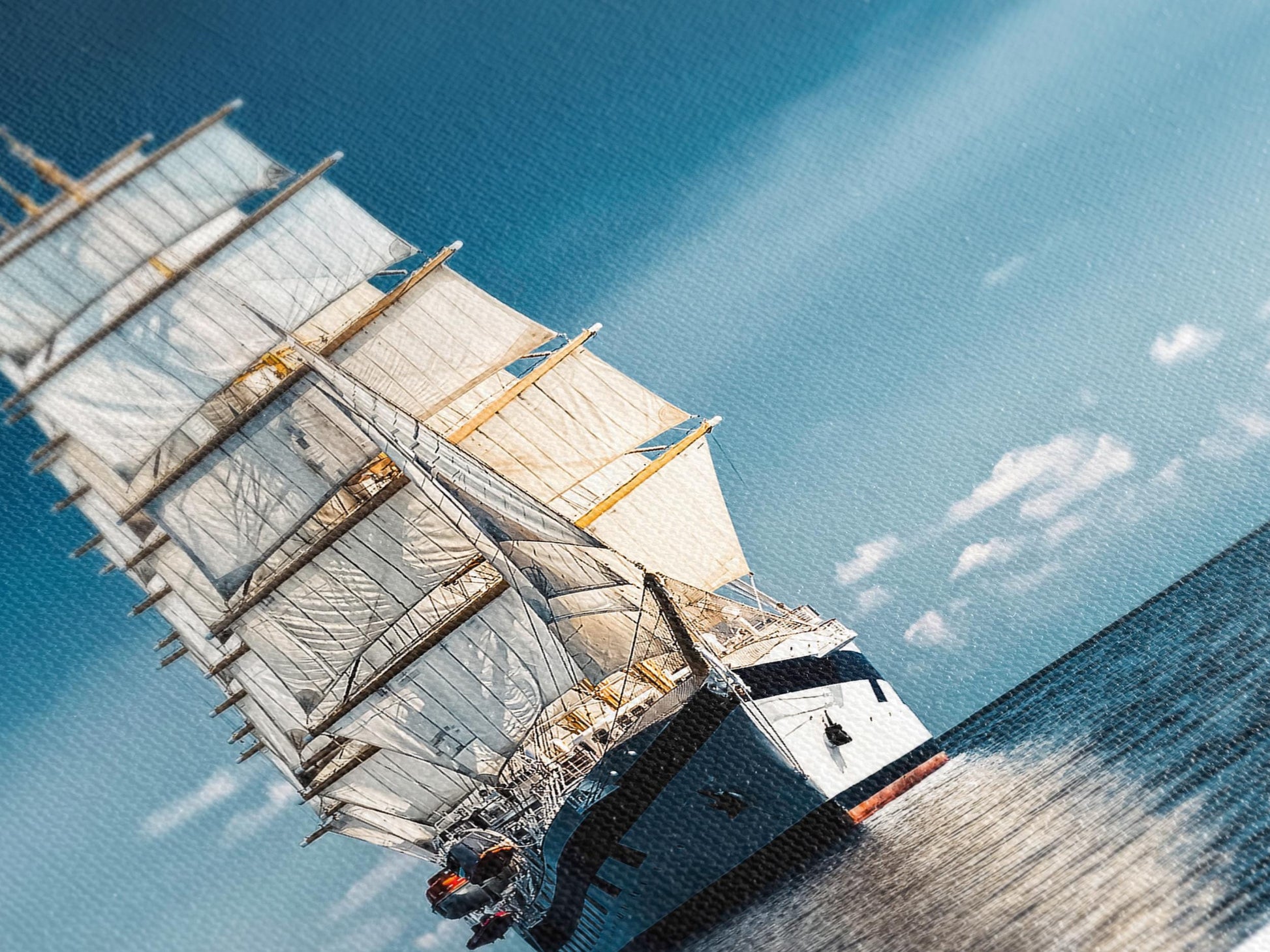 Captivating sailing ship painting that merges maritime adventure with island scenery, presented as a vibrant canvas print wall art piece for enthusiasts of nautical artwork.
