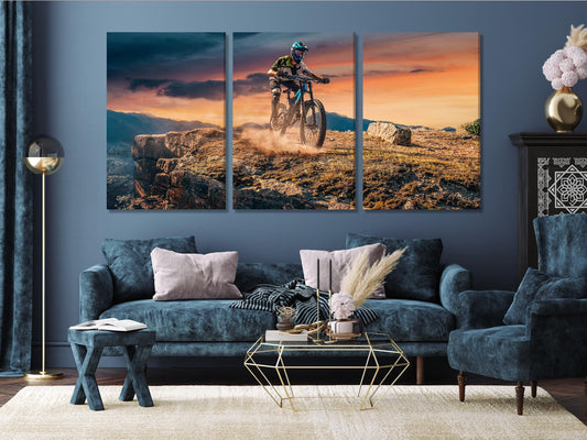 Mountain Biker Canvas Print, Large Sunset Trail Wall Art, Oversized Sports Decor, Perfect Gift bike lover, Dynamic Game or Sports Room Decor