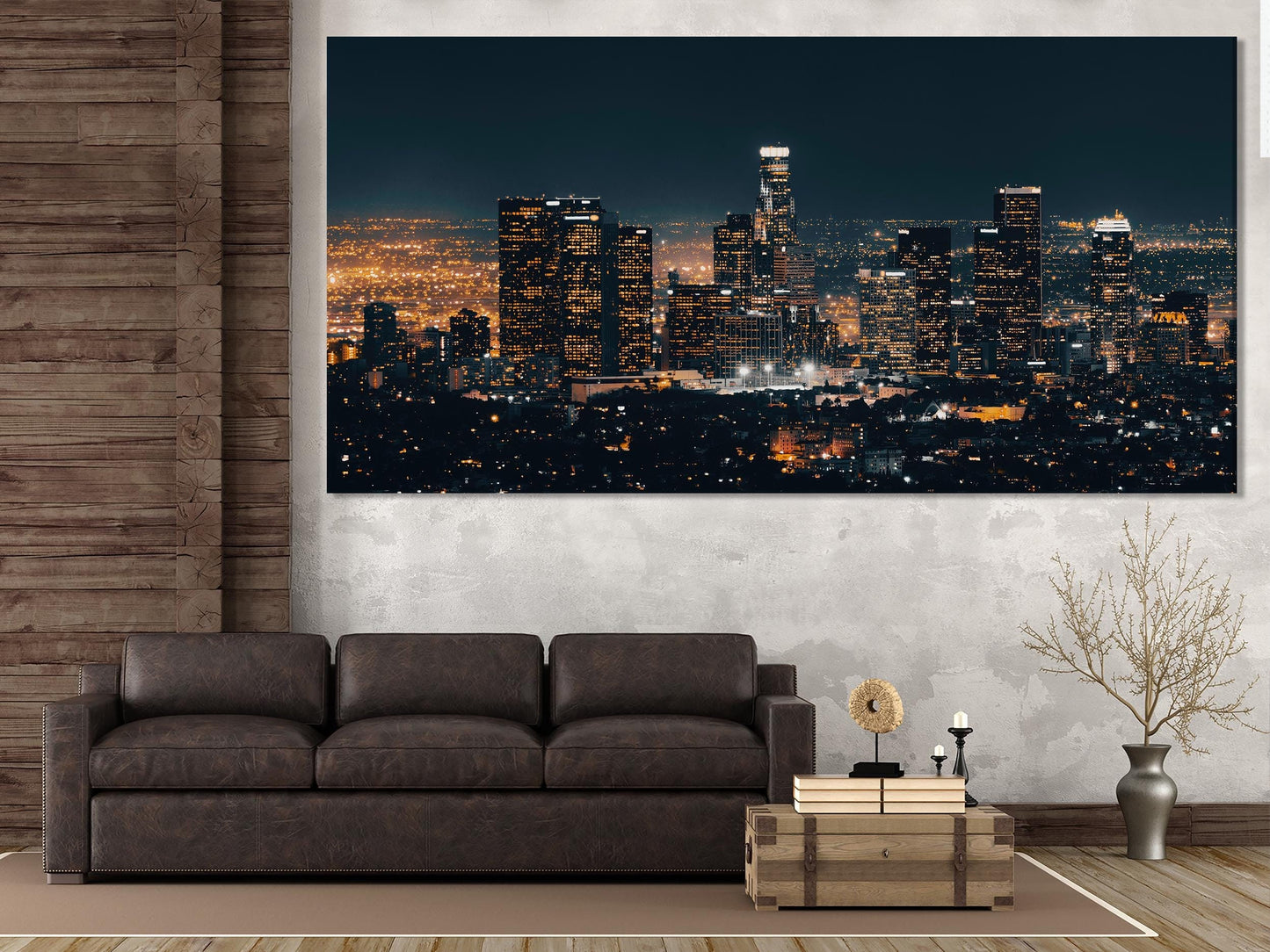 Dramatic Los Angeles skyline wall art showcasing glowing high-rises and city lights at night, presented as a bold canvas print painting for modern urban artwork enthusiasts.