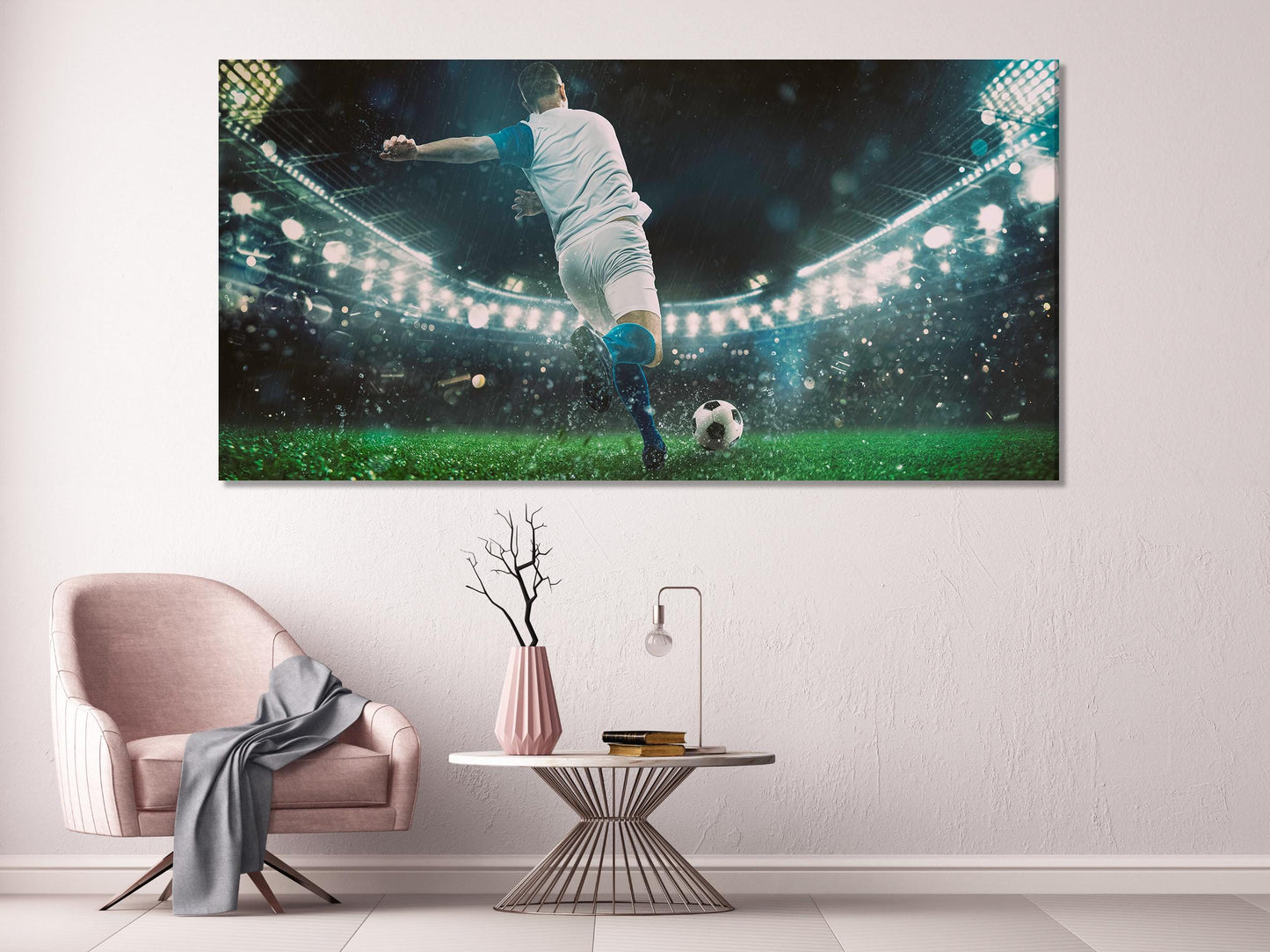 Soccer Player Canvas Print, Large Football Action Wall Art, Sports Stadium Decor, Athlete Kicking Ball Canvas, Extra Large Sports Artwork