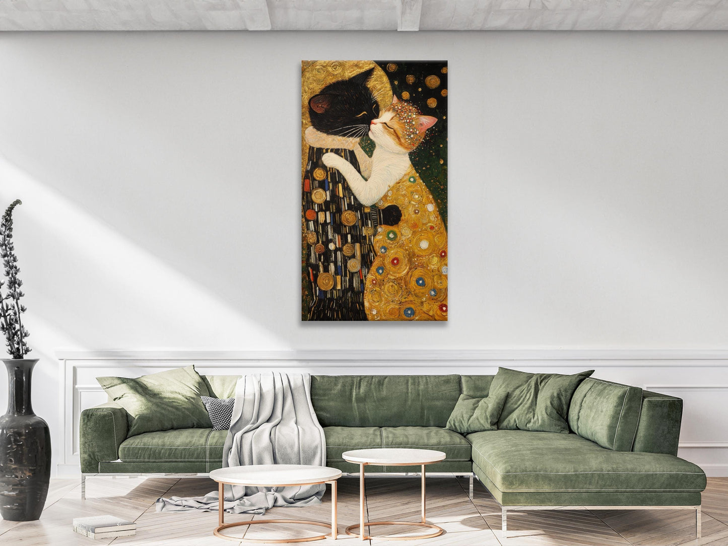 The Kiss: Cat Version Wall Art - Gustav Klimt Inspirado de arte, arte de pared de gato moderno, arte de lona de gatos, idea de regalo de gatos amantes, pintura de gatos grandes