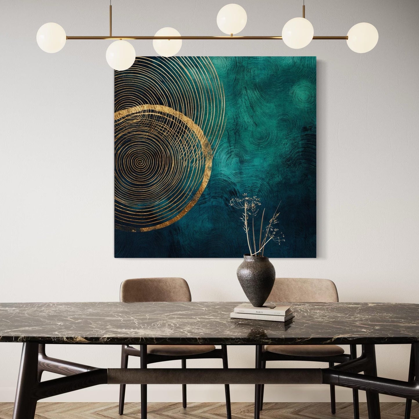 Emerald Green Abstract Wall Art - Modern Minimalist Canvas Art, Luxury Geometric Print, Nature-Inspired Tree Ring Artwork, Golden Accent Art